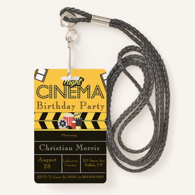Trendy Cinema Any Age Birthday Party ID Badge (Front with Lanyard)