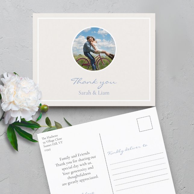 Trendy Circle Couple Photo Wedding Thank You Postcard (Creator Uploaded)
