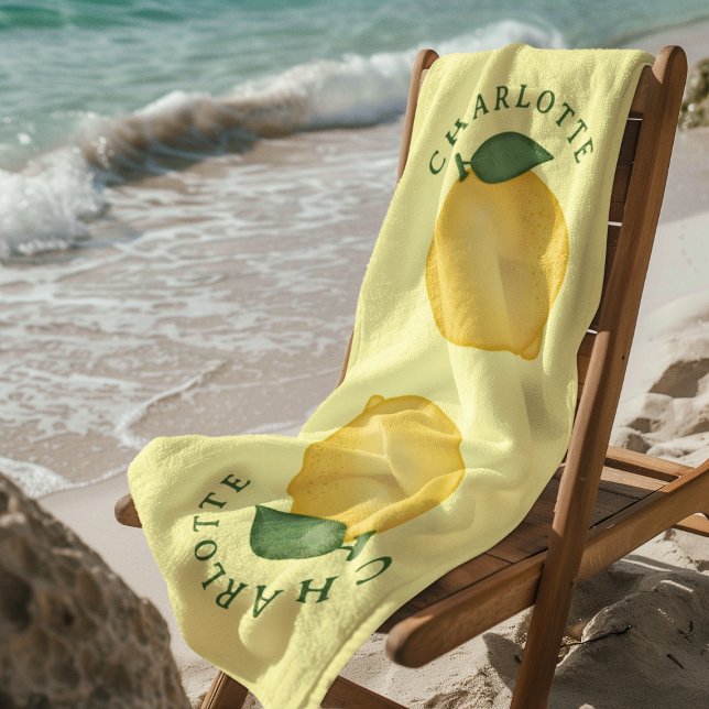 Trendy Citrus Lemon Yellow Summer Monogram Beach Towel (Creator Uploaded)