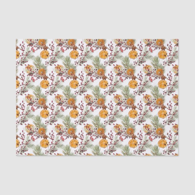 Trendy Citrus Orange Pine Berry Christmas Holiday Tissue Paper (Front)