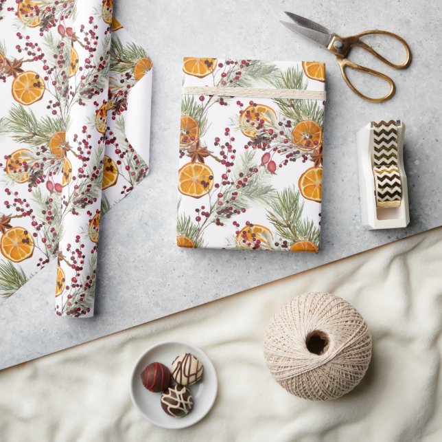 Trendy Citrus Orange Pine Berry Christmas Holiday Wrapping Paper (Crafts)