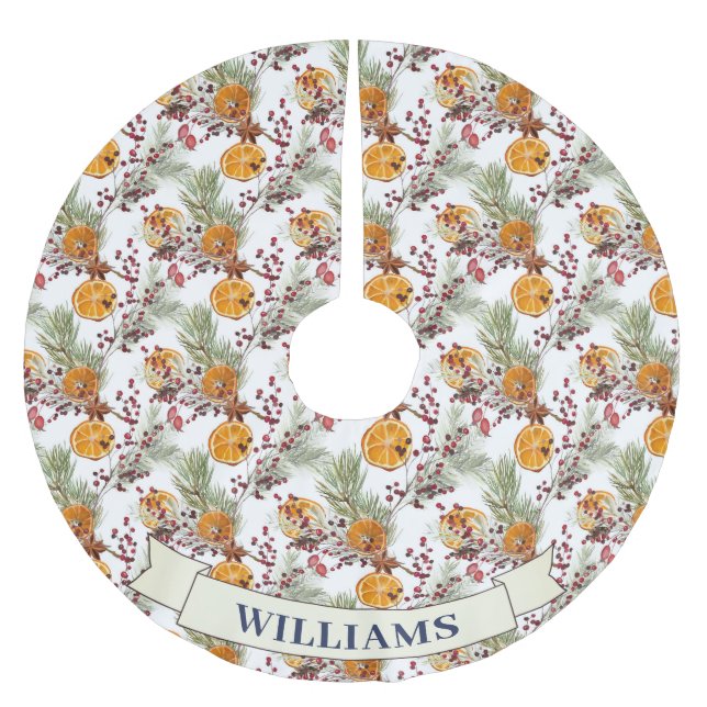 Trendy Citrus Orange Rustic PIne Greenery Brushed Polyester Tree Skirt (Front)