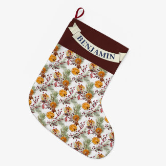 Trendy Citrus Orange Rustic PIne Greenery Large Christmas Stocking