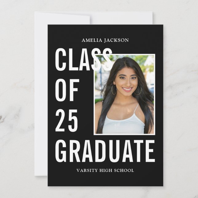 Trendy Class Of 25 Black & White Photo Graduation Announcement (Front)