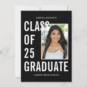 Trendy Class Of 25 Black & White Photo Graduation Announcement