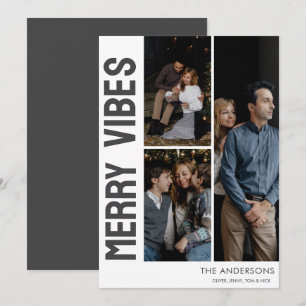 Trendy Classic 3 Photo Merry Vibes  Holiday Card