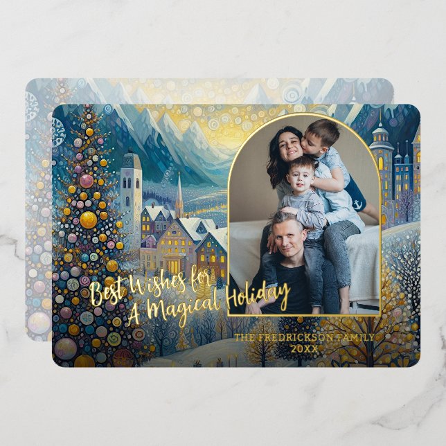 Trendy Classic Artistic Winter Wonderland Art Gold Foil Holiday Card (Front/Back)