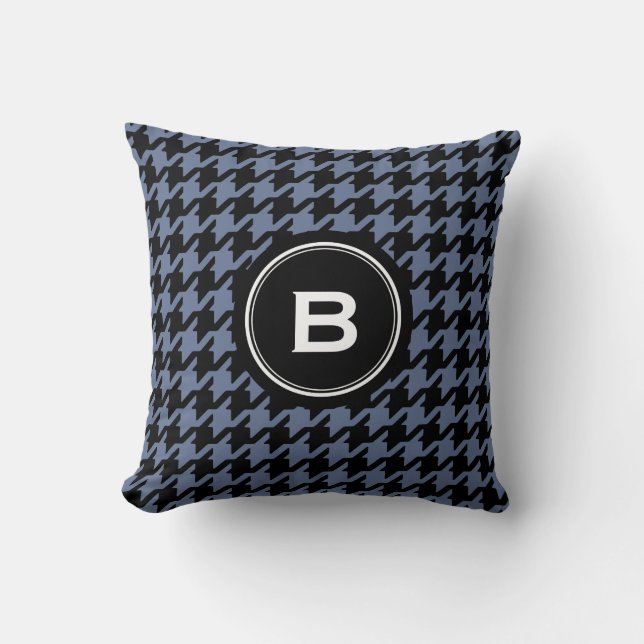 Trendy Classic blue grey houndstooth with monogram Cushion (Front)