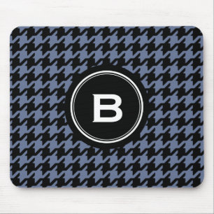 Trendy Classic blue grey houndstooth with monogram Mouse Mat