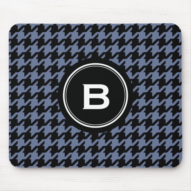 Trendy Classic blue grey houndstooth with monogram Mouse Mat (Front)