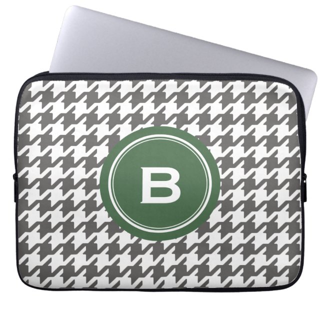 Trendy classic grey houndstooth with monogram laptop sleeve (Front)