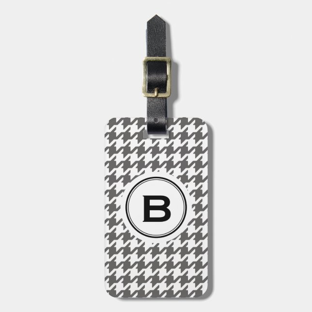 Trendy classic grey houndstooth with monogram luggage tag (Front Vertical)