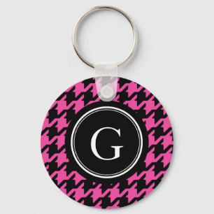 Trendy Classic pink houndstooth with monogram Key Ring