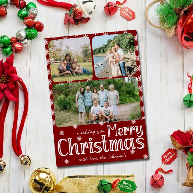 Trendy Classic Red 3-Photo Merry Christmas Family Holiday Card (Creator Uploaded)