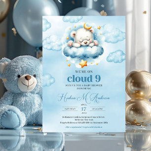 Trendy cloud nine teddy bear Boy Baby Shower Invitation