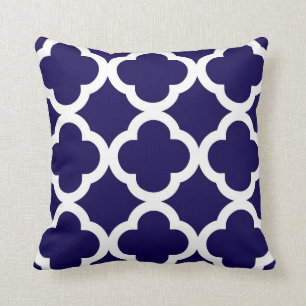 Trendy Clover Pattern in Cobalt Blue and White Cushion