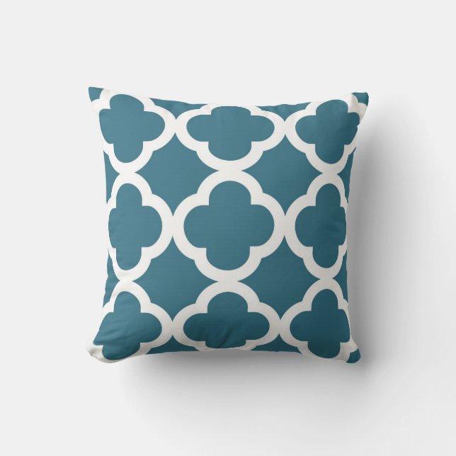 Trendy Clover Pattern in Teal Blue and White Cushion (Front)