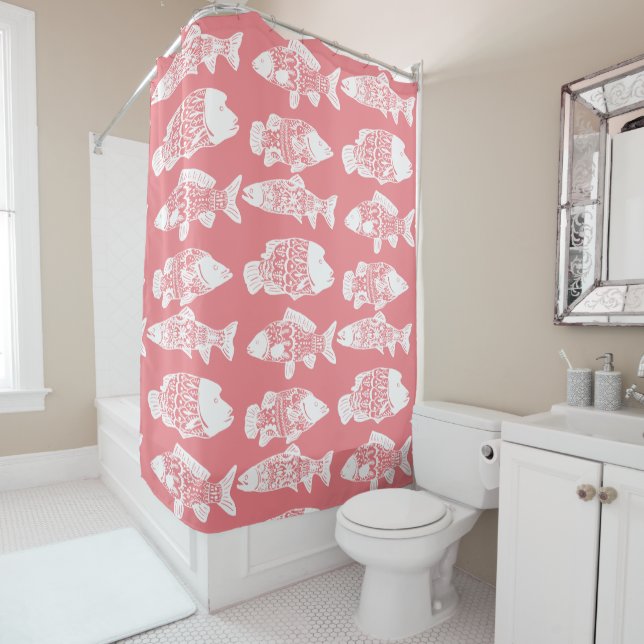 Trendy Coastal White Floral Fish Coral Pink Shower Curtain (In Situ)