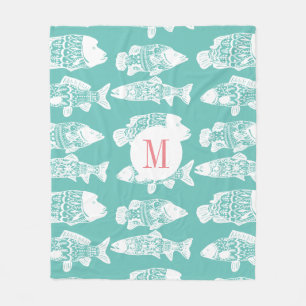 Trendy Coastal White Floral Fish   Monogram Fleece Blanket