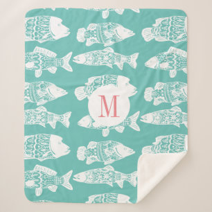 Trendy Coastal White Floral Fish & Sea Green Sherpa Blanket