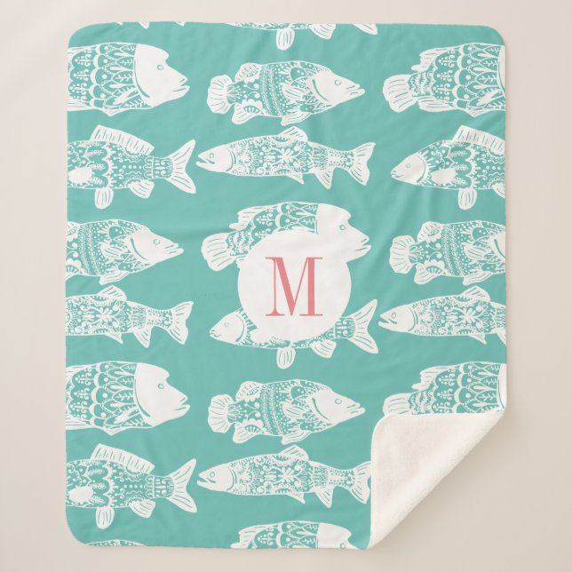 Trendy Coastal White Floral Fish & Sea Green Sherpa Blanket (Front)