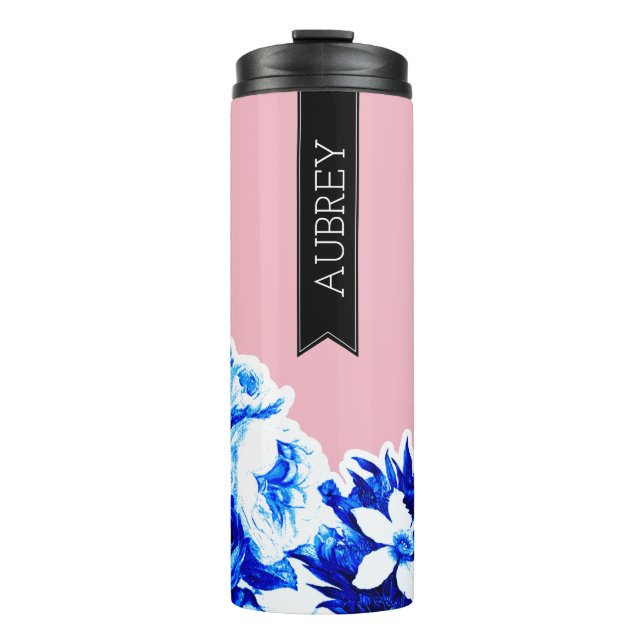 Trendy Cobalt & Blush Florals Personalised Thermal Tumbler (Front)