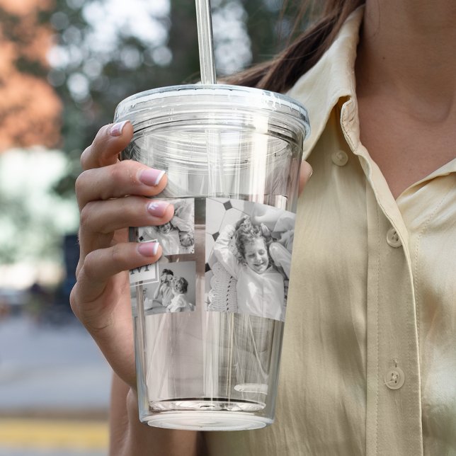Trendy Collage Family Photo Black & White Initial Acrylic Tumbler (Creator Uploaded)