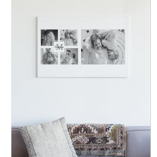 Trendy Collage Family Photo Black & White Initial Canvas Print
