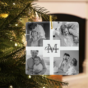 Trendy Collage Family Photo Black & White Initial Ceramic Ornament