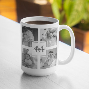 Trendy Collage Family Photo Black & White Initial Coffee Mug