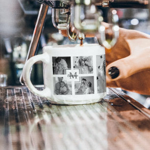 Trendy Collage Family Photo Black & White Initial Espresso Cup