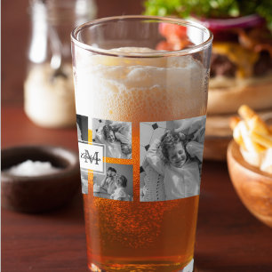 Trendy Collage Family Photo Black & White Initial Glass