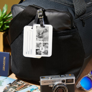 Trendy Collage Family Photo Black & White Initial Luggage Tag