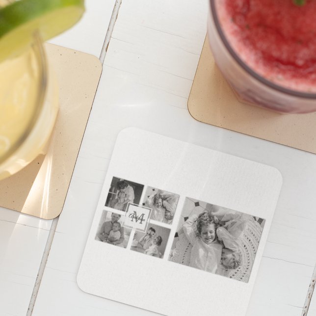 Trendy Collage Family Photo Black & White Initial Square Paper Coaster (Creator Uploaded)