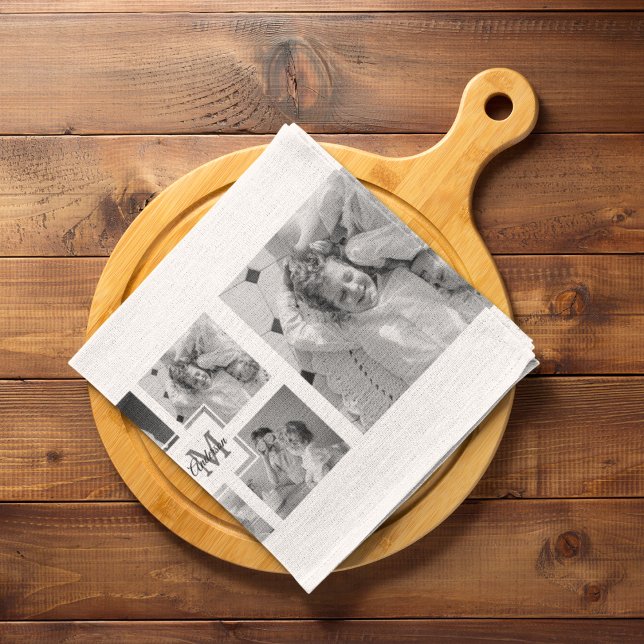 Trendy Collage Family Photo Black & White Initial Tea Towel (Creator Uploaded)