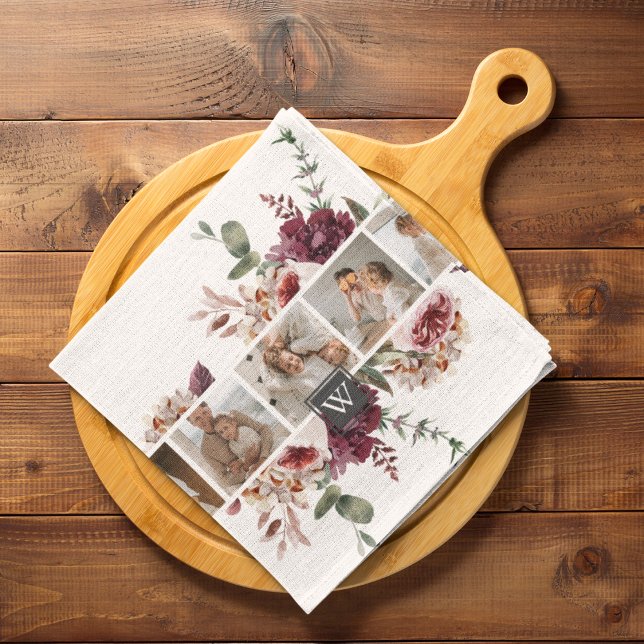 Trendy Collage Family Photo Colourful Flowers Gift Tea Towel (Creator Uploaded)