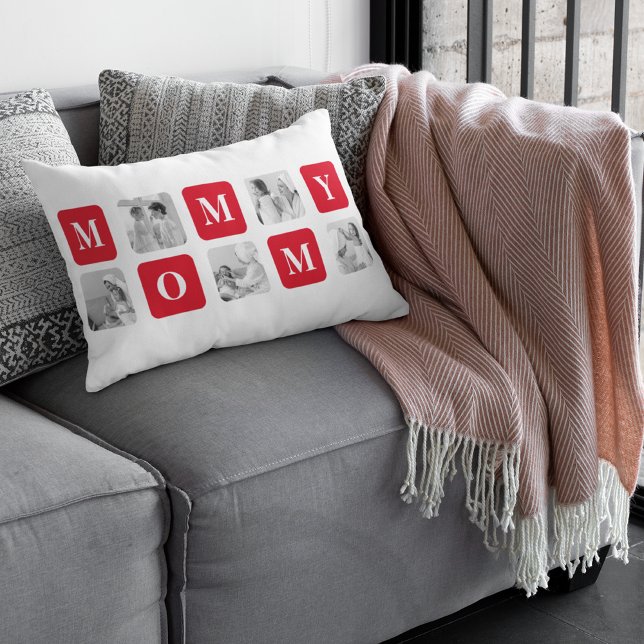 Trendy Collage Photo & Red Best Mummy Gift Lumbar Cushion (Creator Uploaded)