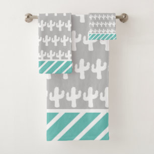 Trendy Colorful Geo Cactus Pattern Gray Bath Towel Set