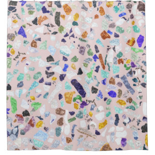 Trendy Colorful Shiny Stones Terrazzo Pink Design Shower Curtain