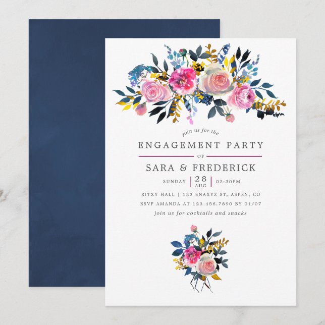 Trendy Colorway Watercolor Floral Engagement Party Invitation (Front/Back)
