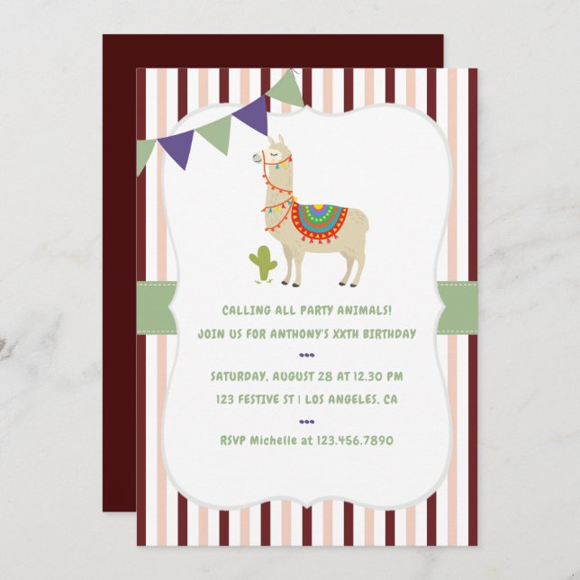 Trendy colorways Llama Birthday Party invitation (Front/Back)