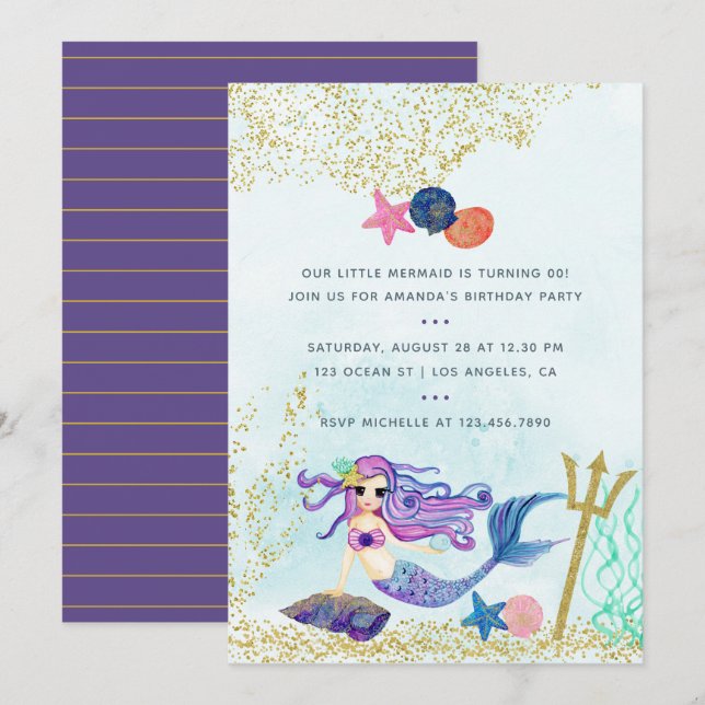 Trendy Colorways Mermaid themed Birthday Party Invitation (Front/Back)