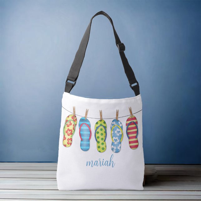 Trendy Colourful Beach Personalised Crossbody Bag (Whimsical tote bag with colorful flip flops)