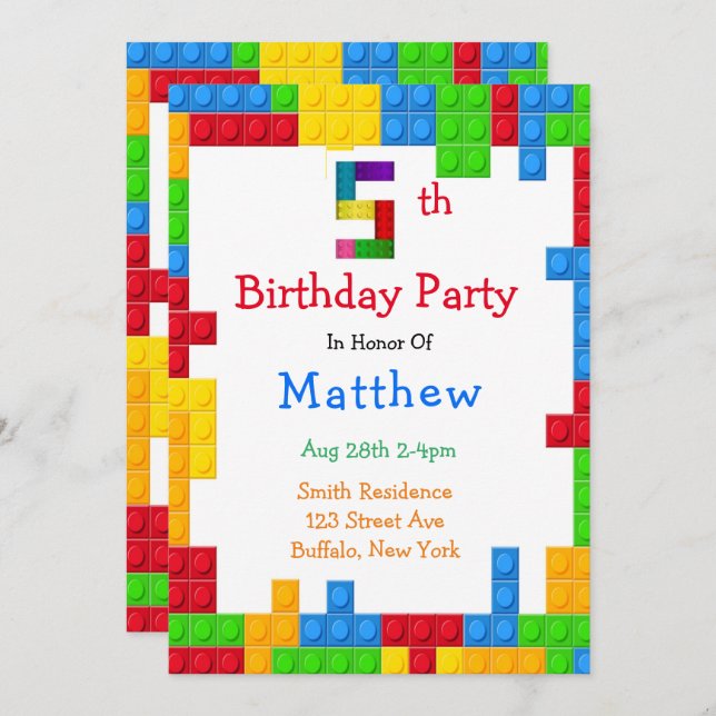 Trendy Colourful Building Blocks 5th Birthday Part Invitation (Front/Back)