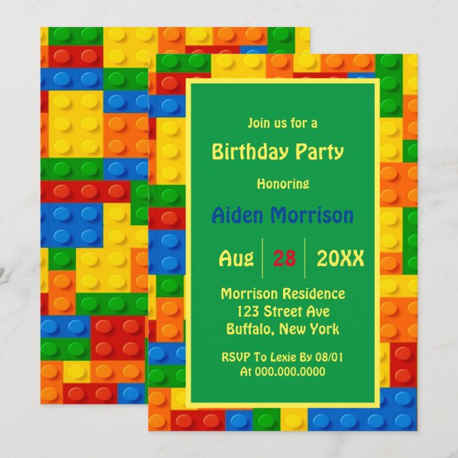 Trendy Colourful Building Blocks Birthday Party Invitation (Front/Back)
