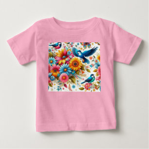 Trendy Colourful Butterflies Birds Flowers Pink Baby T-Shirt