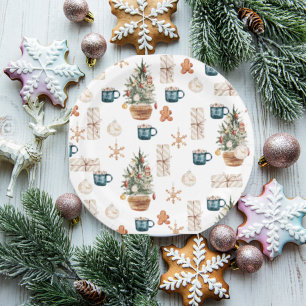 Trendy Colourful Christmas Pattern Watercolor Paper Plate