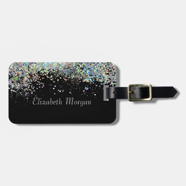 Trendy Colourful Confetti Black Luggage Tag (Front Horizontal)