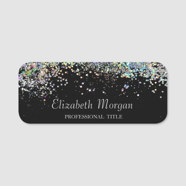 Trendy Colourful Confetti Black Name Tag (Front)