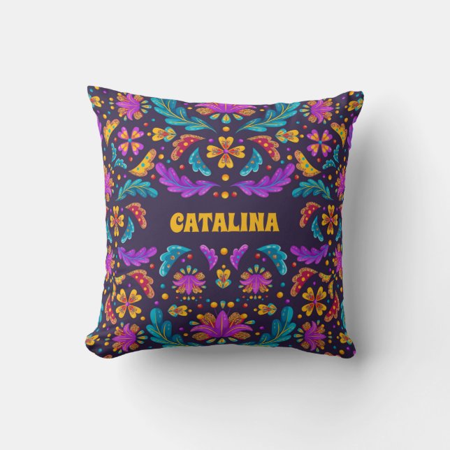 Trendy Colourful Fiesta Mexican Flower Quinceanera Cushion (Front)